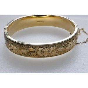 Beautiful Antique Botanical 12K Gold Filled Hinged Bangle Bracelet Signed FM